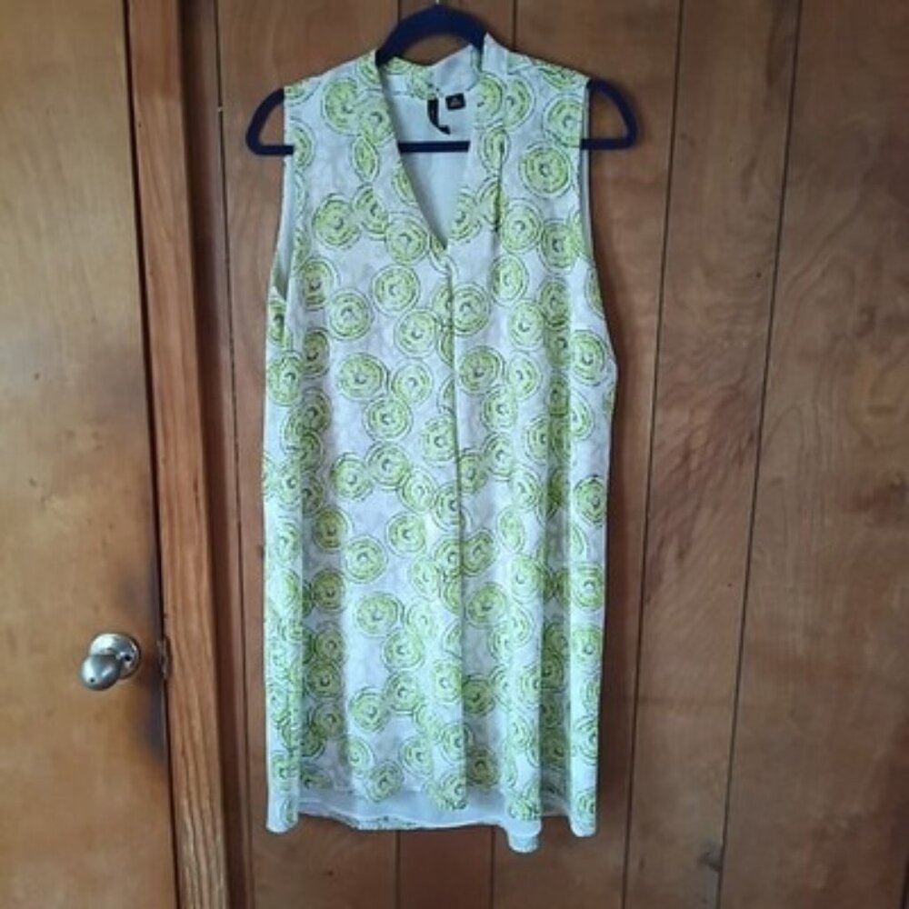 New Directions Dress Women’s M Sleeveless Shift V Neck Lime Green White Print